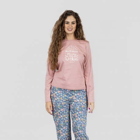 Pijama largo algodón Nadine rosa ropa-de-estar-por-casa