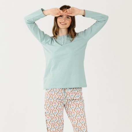 Pijama largo algodón Fabiola verde tiffany pijama-largo-algodon