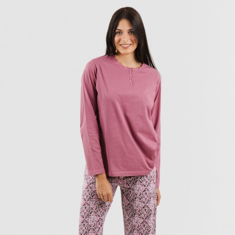 Pijama largo algodón Malura malva rosa pijama-largo-algodon