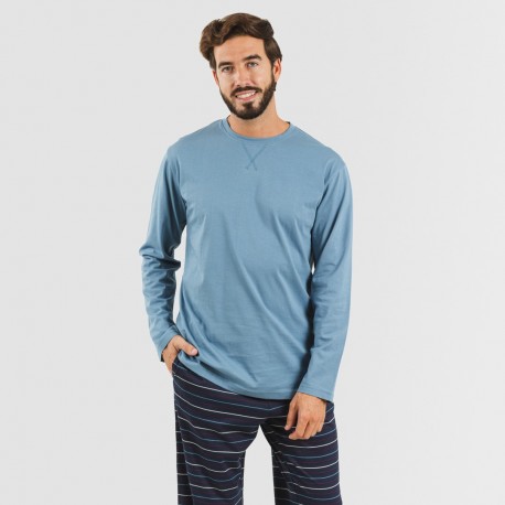 Pijama largo algodón hombre Raya San Luis indigo pijama-algodon