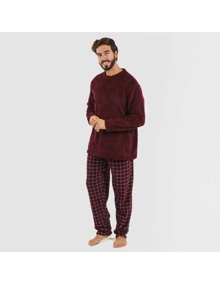 Pijama coral hombre Cuadro Pruden burdeos pijama-coralina