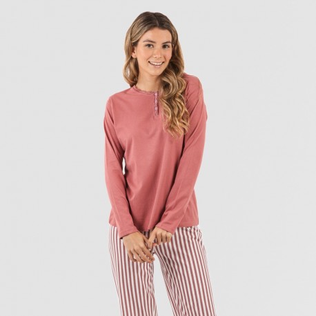 Pijama largo algodón Raya Corina marsala pijamas-mujer