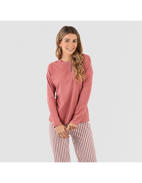 Pijama largo algodón Raya Corina marsala pijamas-mujer