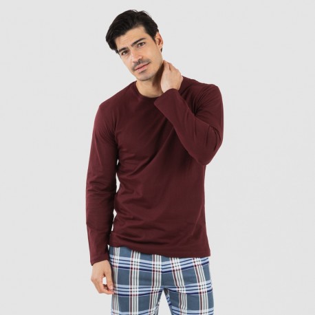 Pijama hombre franela Cuadro Xavi burdeos pijamas-largos-hombre