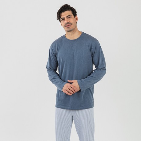 Pijama largo algodón hombre Lista indigo pijamas-largos-hombre