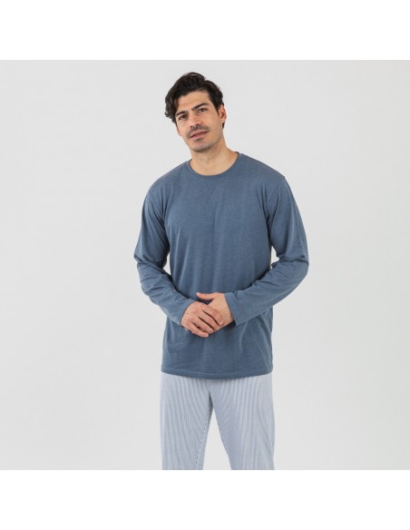 Pijama largo algodón hombre Lista indigo pijamas-largos-hombre