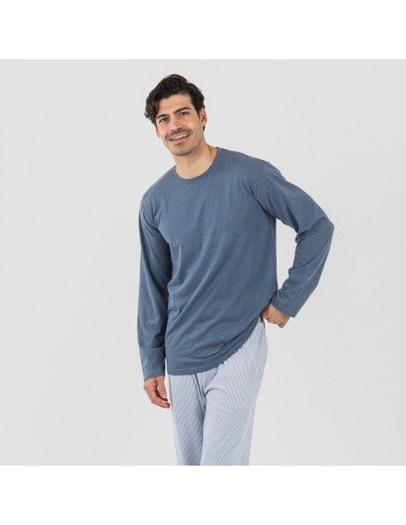 Pijama largo algodón hombre Lista indigo pijamas-largos-hombre