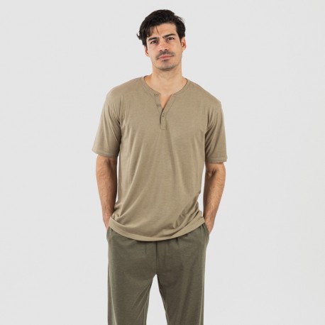 Pijama largo hombre de manga corta con botón verde cacería - verde oscuro pijamas-largos-hombre