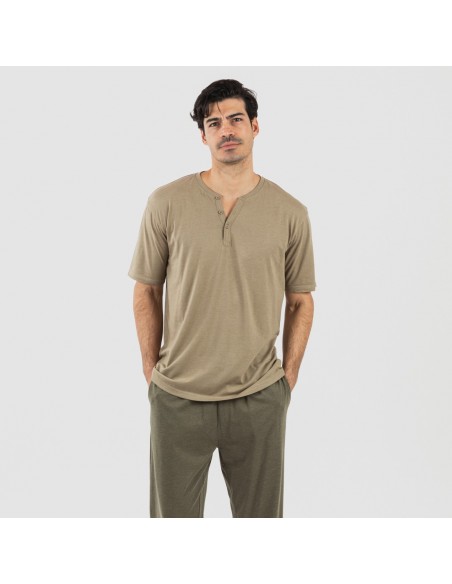 Pijama largo hombre de manga corta con botón verde cacería - verde oscuro pijamas-largos-hombre