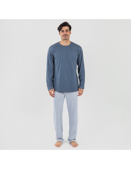 Pijama largo algodón hombre Lista indigo pijamas-largos-hombre