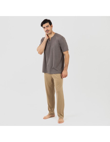 Pijama largo hombre de manga corta con botón Topo - arena pijamas-largos-hombre