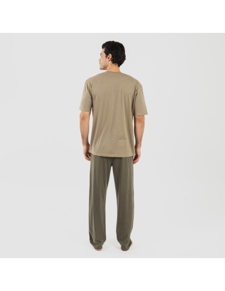 Pijama largo hombre de manga corta con botón verde cacería - verde oscuro pijamas-largos-hombre