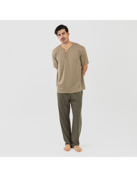 Pijama largo hombre de manga corta con botón verde cacería - verde oscuro pijamas-largos-hombre