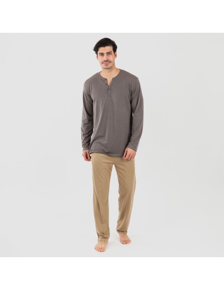 Pijama largo hombre con botones topo - arena pijamas-largos-hombre