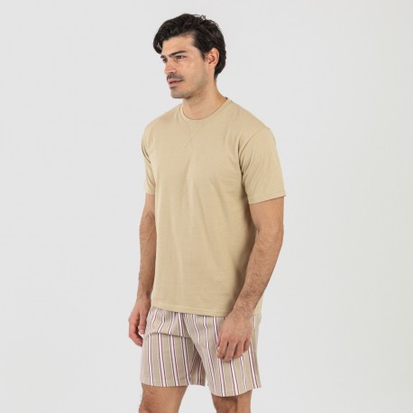 Pijama corto algodón hombre Raya Ico arena pijamas-cortos-hombre