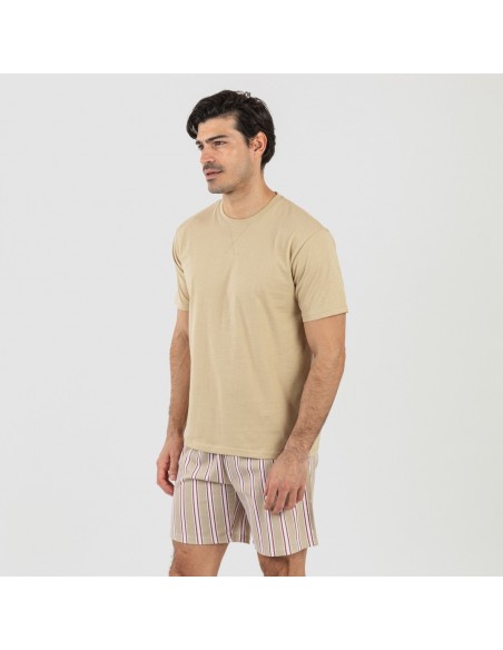 Pijama corto algodón hombre Raya Ico arena pijamas-cortos-hombre