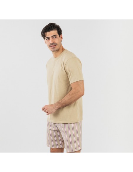 Pijama corto algodón hombre Raya Ico arena pijamas-cortos-hombre