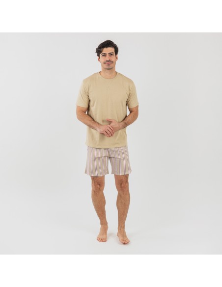 Pijama corto algodón hombre Raya Ico arena pijamas-cortos-hombre