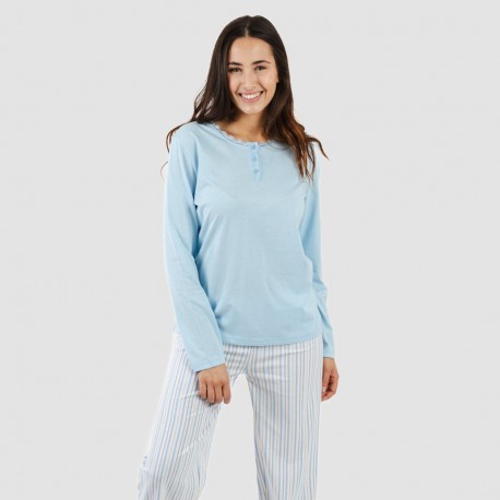 Pijama largo algodón Bennet celeste pijamas-largos-de-mujer