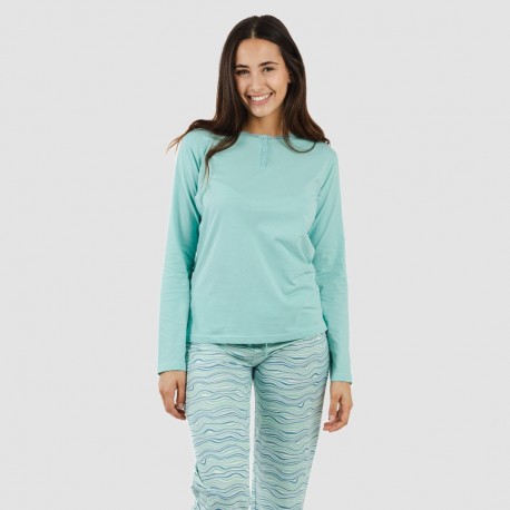 Pijama largo algodón Ola verde agua pijamas-largos-de-mujer