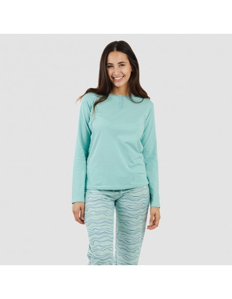 Pijama largo algodón Ola verde agua pijamas-largos-de-mujer