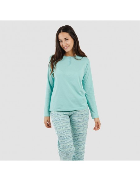 Pijama largo algodón Ola verde agua pijamas-largos-de-mujer