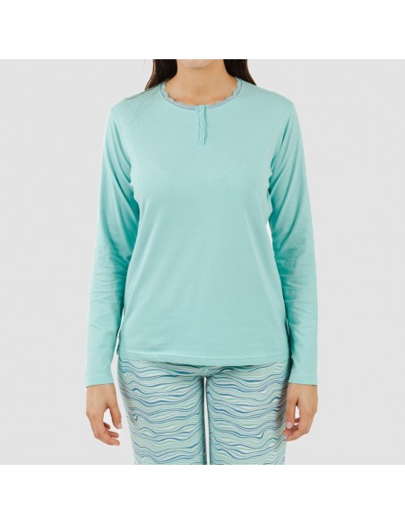 Pijama largo algodón Ola verde agua pijamas-largos-de-mujer