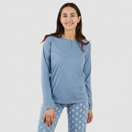 Pijama largo algodón Garbo azul añil pijamas-largos-de-mujer