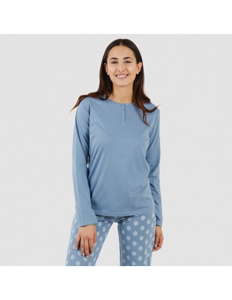 Pijama largo algodón Garbo azul añil pijamas-largos-de-mujer