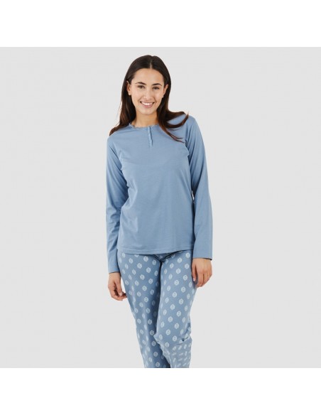 Pijama largo algodón Garbo azul añil pijamas-largos-de-mujer