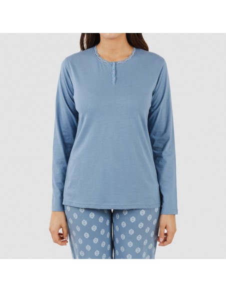 Pijama largo algodón Garbo azul añil pijamas-largos-de-mujer