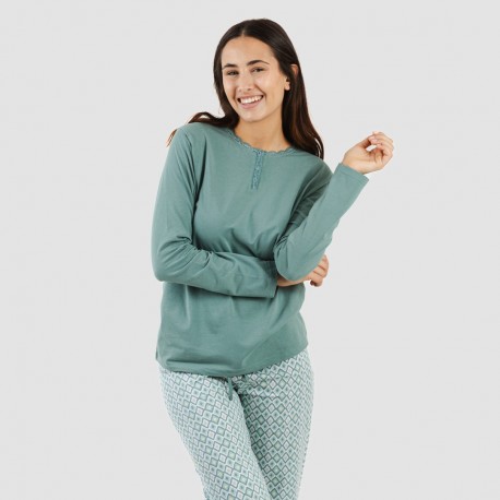 Pijama largo algodón Bianca verde menta pijamas-largos-de-mujer