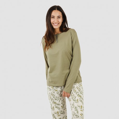 Pijama largo algodón Caliope verde caceria pijamas-largos-de-mujer