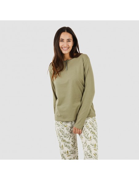 Pijama largo algodón Caliope verde caceria pijamas-largos-de-mujer