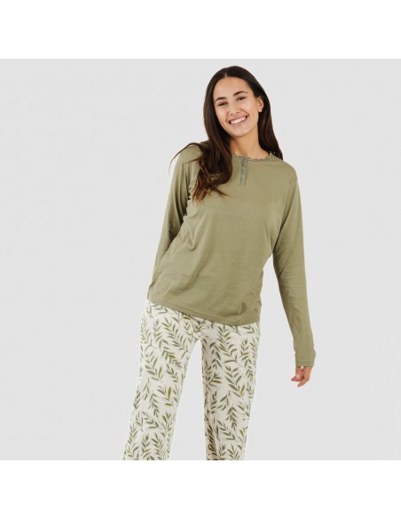 Pijama largo algodón Caliope verde caceria pijamas-largos-de-mujer