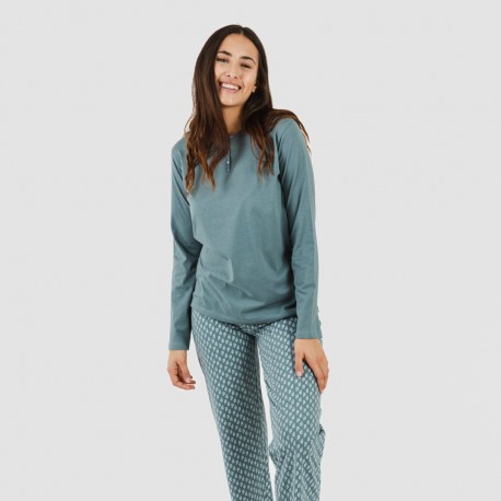 Pijama largo algodón Tiara verde azulado pijamas-largos-de-mujer