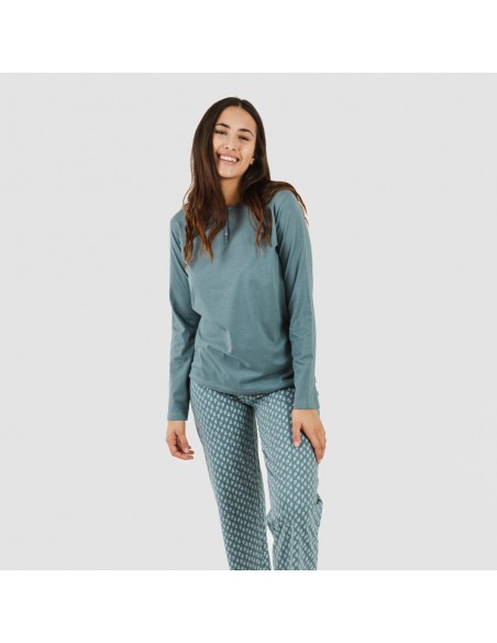 Pijama largo algodón Tiara verde azulado pijamas-largos-de-mujer