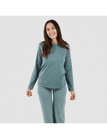 Pijama largo algodón Tiara verde azulado pijamas-largos-de-mujer