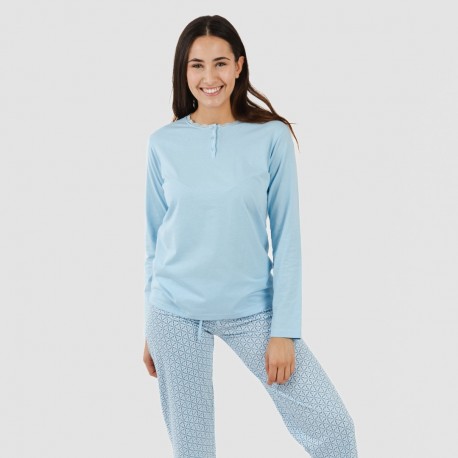 Pijama largo algodón Timon celeste pijamas-largos-de-mujer