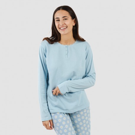 Pijama largo algodón Susan celeste pijamas-largos-de-mujer