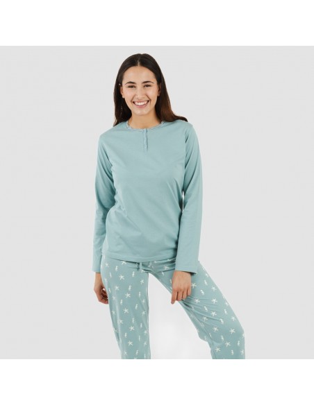 Pijama largo algodón Aaron verde azulado pijamas-largos-de-mujer