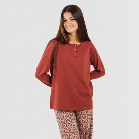 Pijama largo algodón Corinto teja pijamas-largos-de-mujer