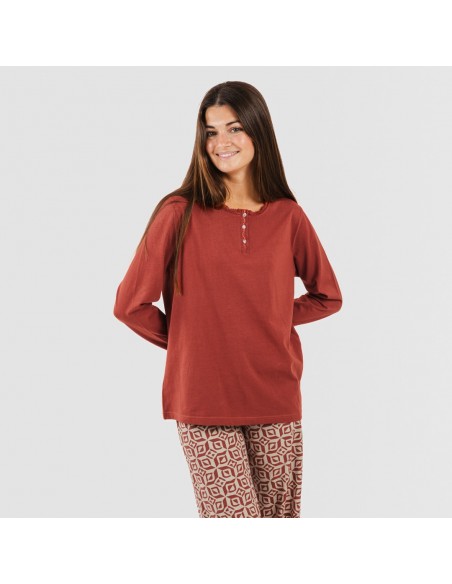 Pijama largo algodón Corinto teja pijamas-largos-de-mujer