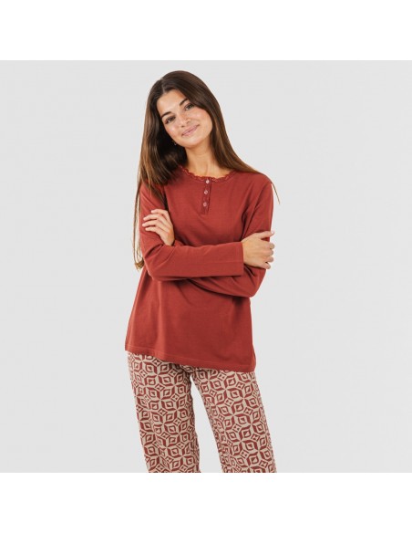 Pijama largo algodón Corinto teja pijamas-largos-de-mujer