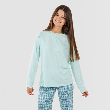 Pijama largo algodón Galieni verde azulado pijamas-largos-de-mujer