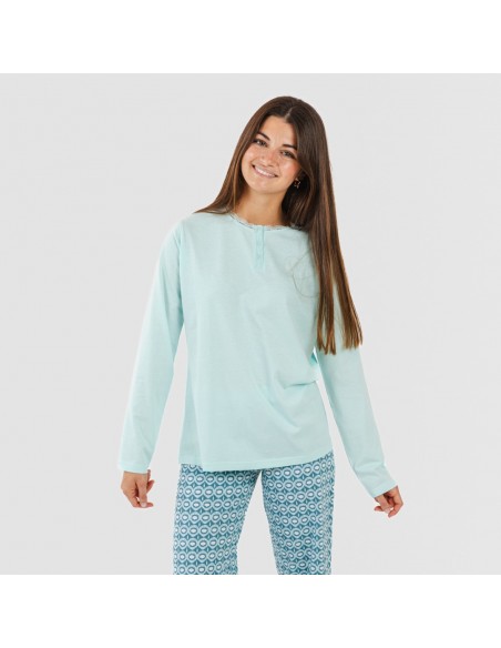 Pijama largo algodón Galieni verde azulado pijamas-largos-de-mujer