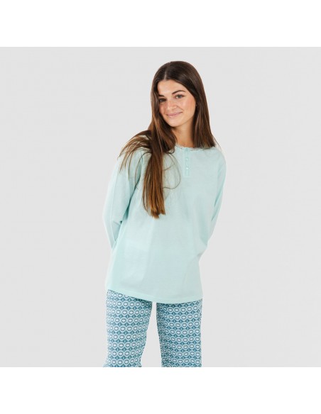 Pijama largo algodón Galieni verde azulado pijamas-largos-de-mujer