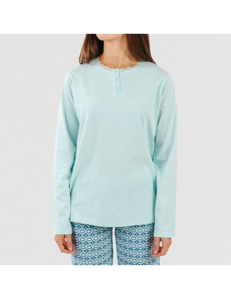 Pijama largo algodón Galieni verde azulado pijamas-largos-de-mujer