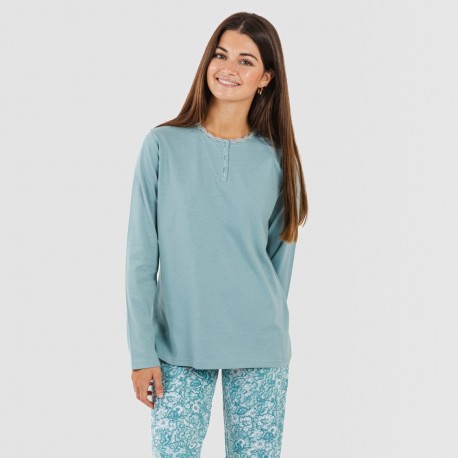 Pijama largo algodón Hera verde azulado pijamas-largos-de-mujer