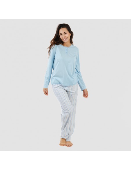 Pijama largo algodón Bennet celeste pijamas-largos-de-mujer